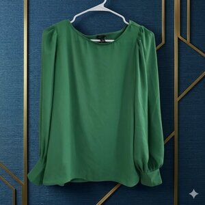 Ann Taylor Green Puff Sleeve Boat Neck Blouse Top XS Workwear Career Jewel Tone
